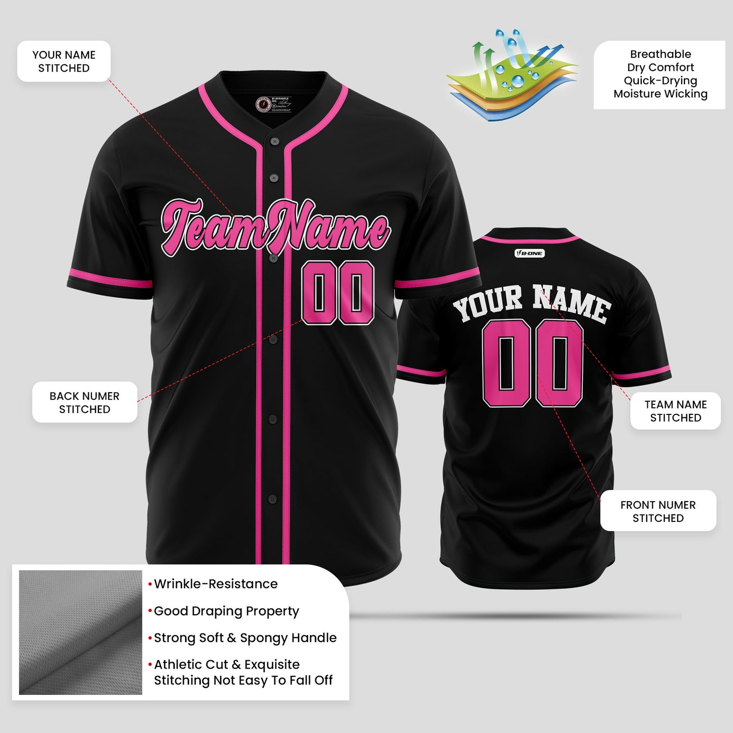 Custom Black, Pink & White Baseball Jersey