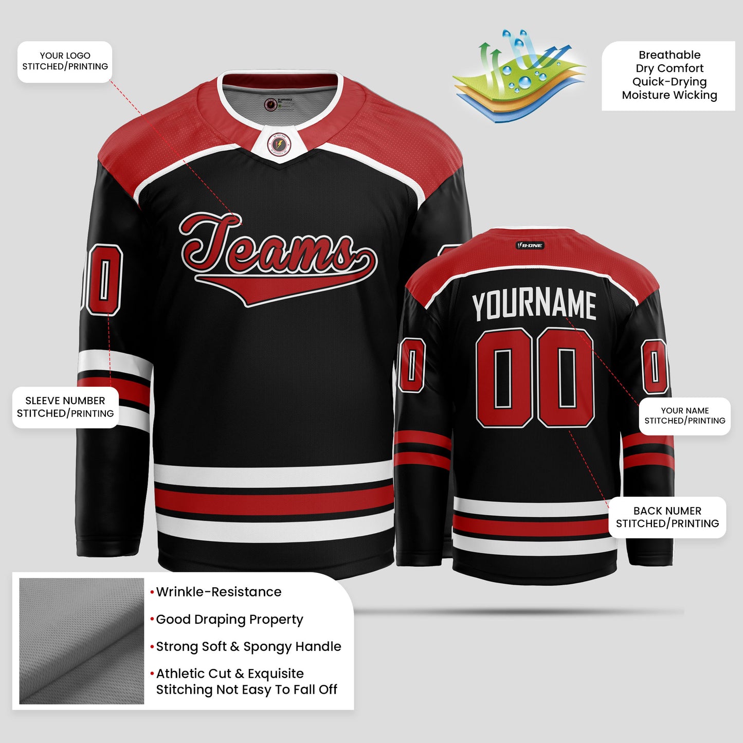 Custom Black, Red, and White Authentic Hockey Jersey