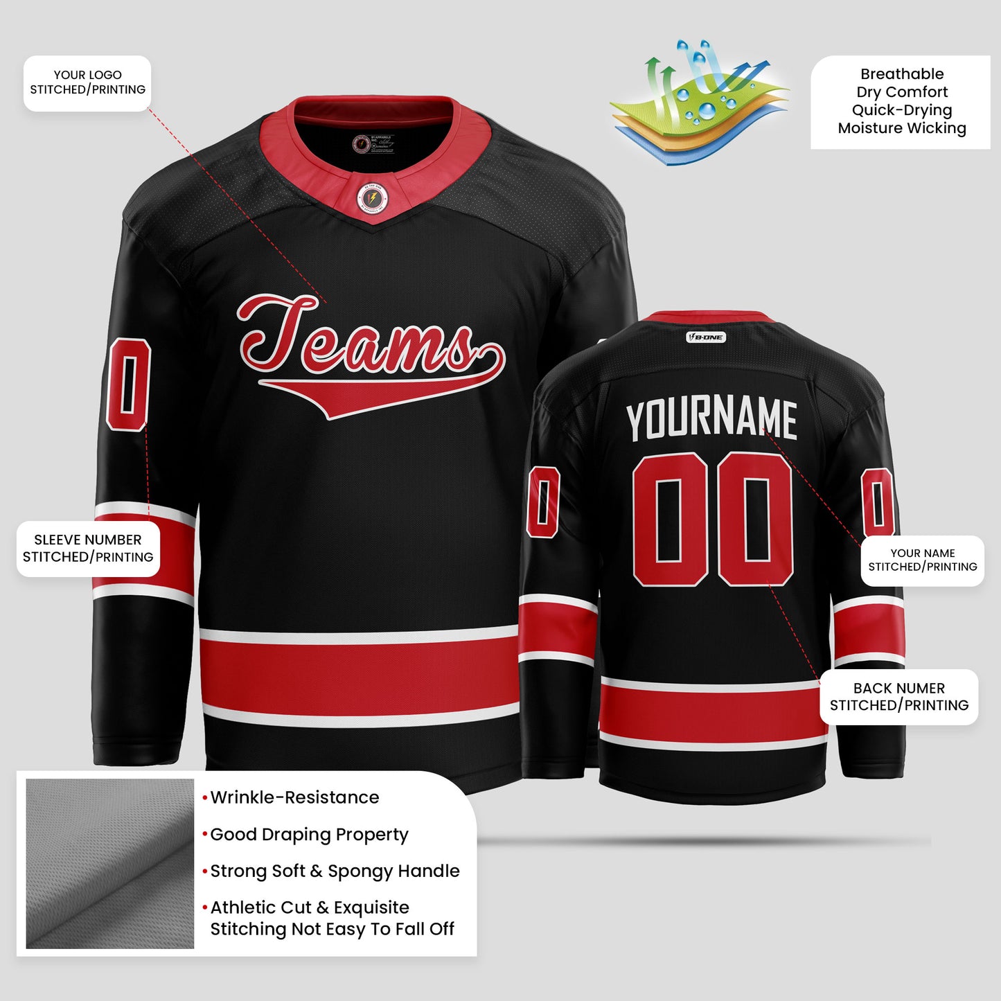 Custom Black, Red, and White High-Quality Hockey Jersey