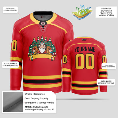 Custom Black, Yellow, and Red Christmas Pattern Hockey Jersey - Premium Quality & Personalized