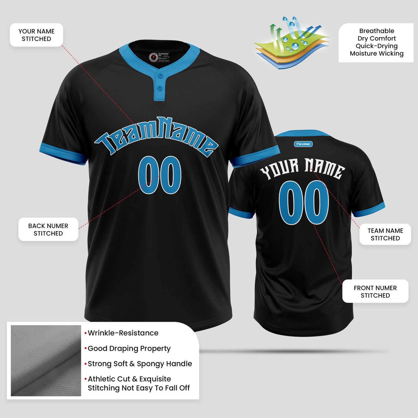 Custom Black and Blue Two-Button Baseball Jersey