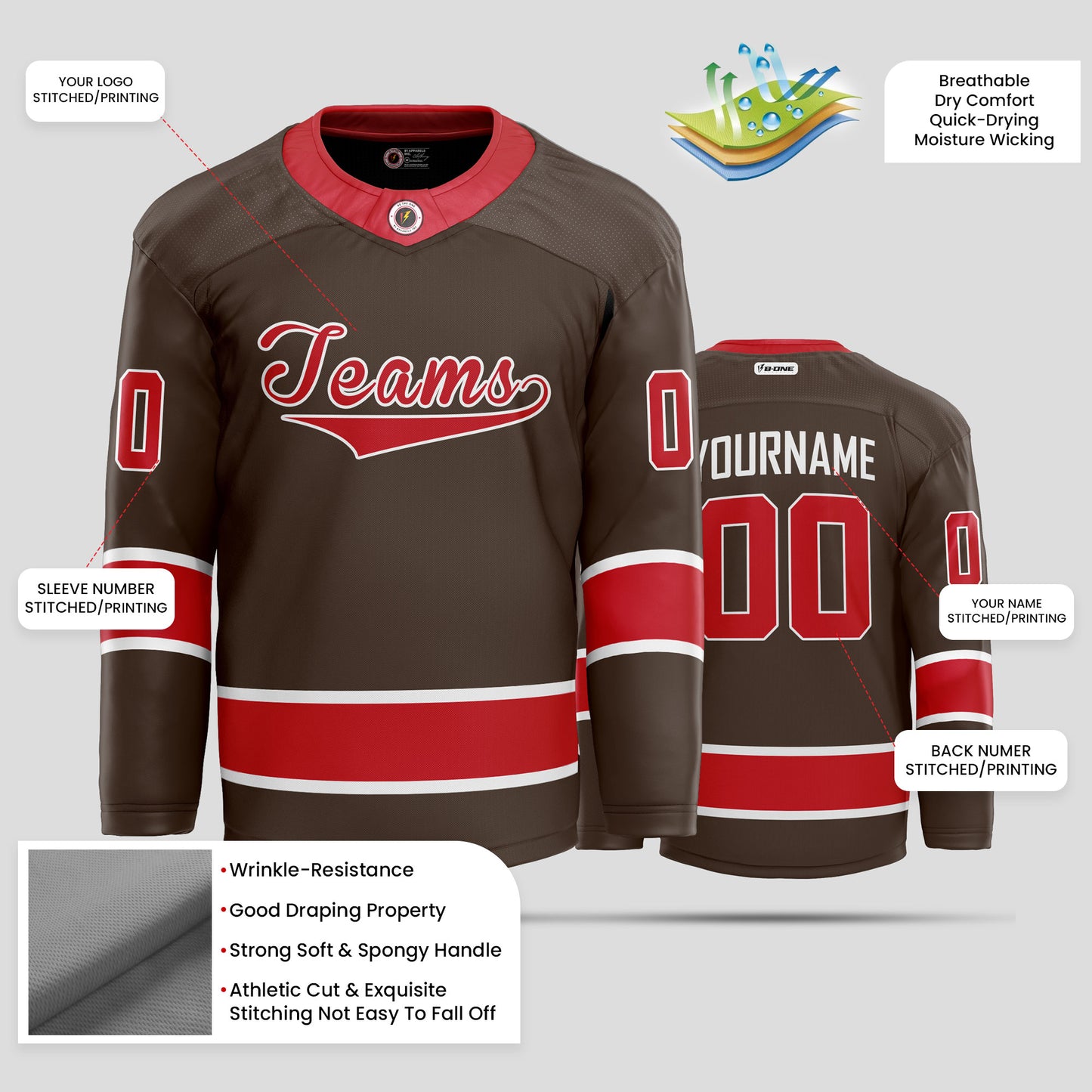 Custom Brown and Red Quality Hockey Jersey