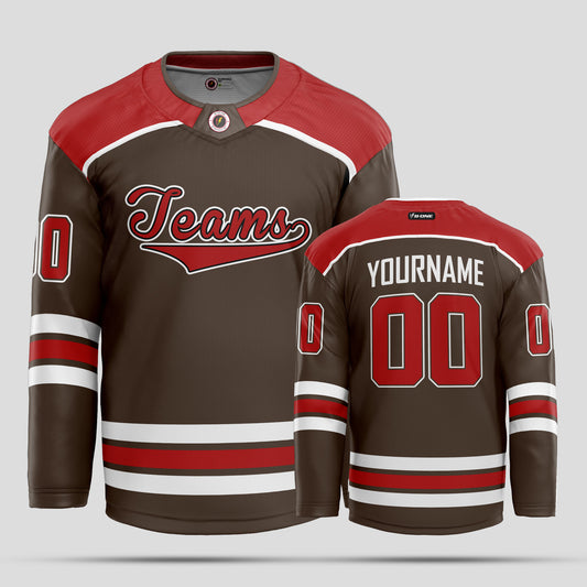 Custom Brown, Red, and White Hockey Jersey