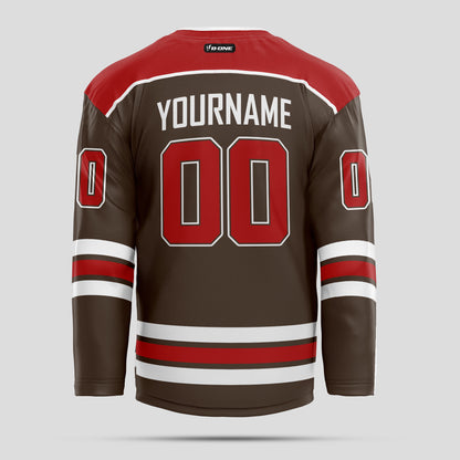 Custom Brown, Red, and White Hockey Jersey