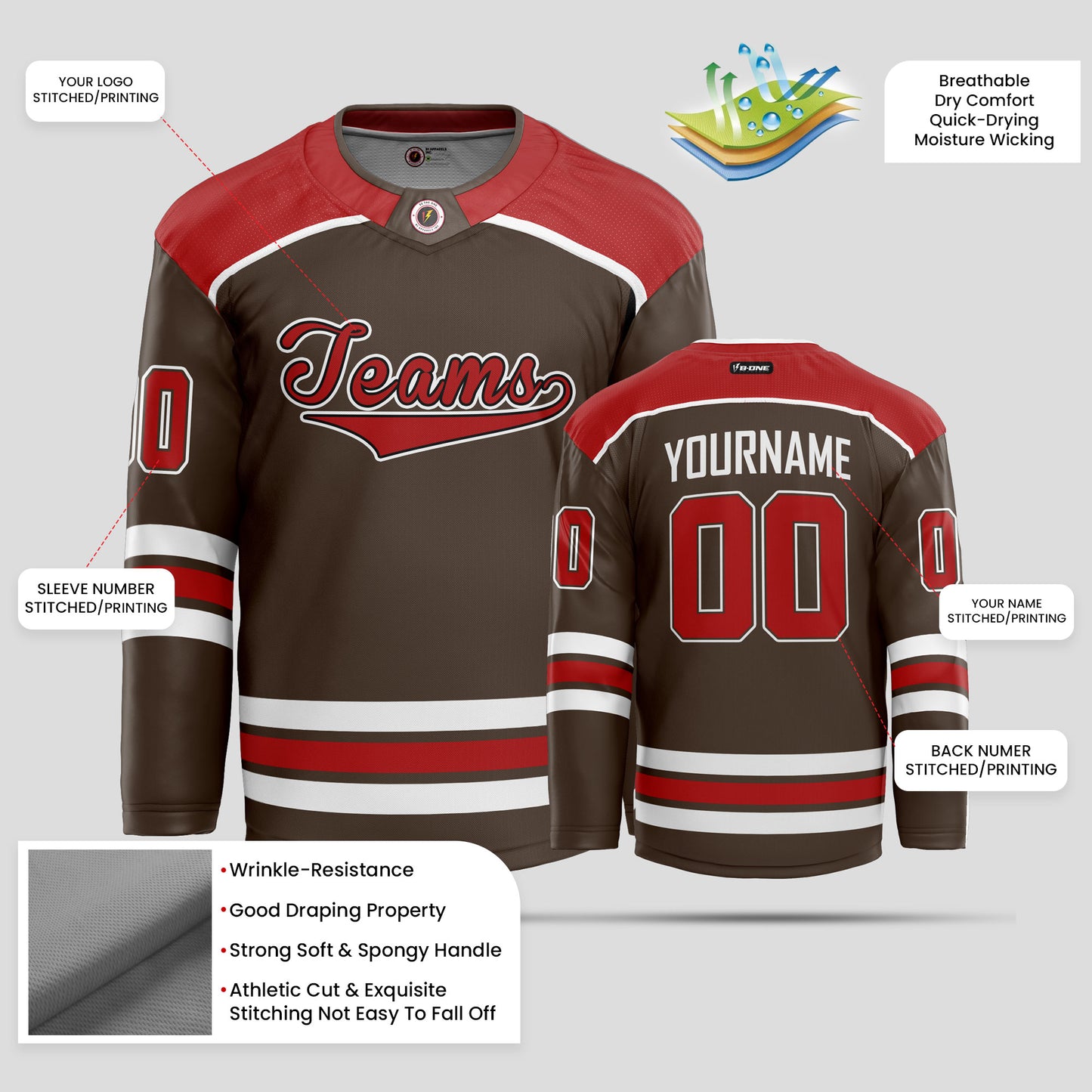 Custom Brown, Red, and White Hockey Jersey