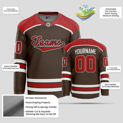 Custom Brown, Red, and White Hockey Jersey