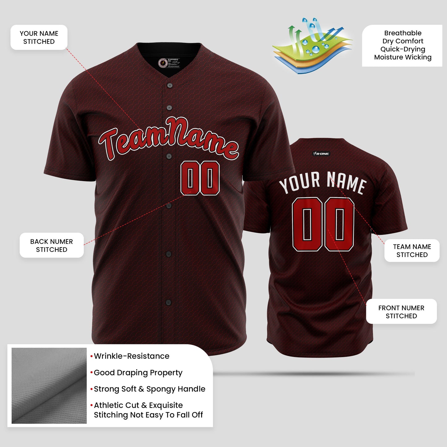 Quality Custom Burgundy Red Pattern Baseball Jersey