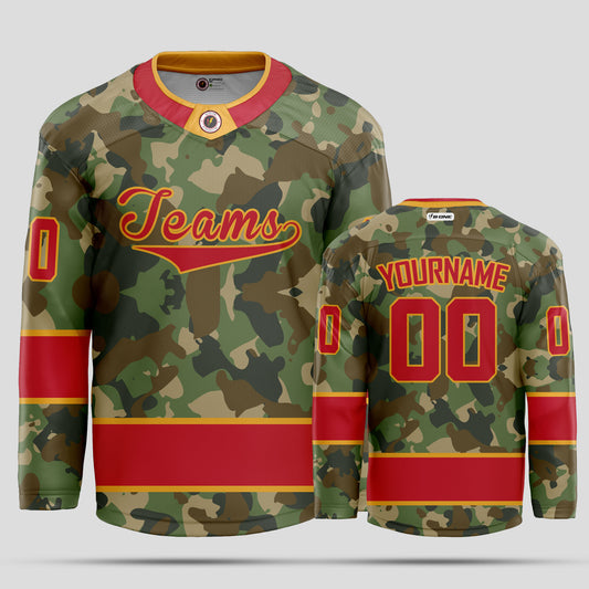 Custom Red and Gold Camo Hockey Jersey - Personalized & Durable