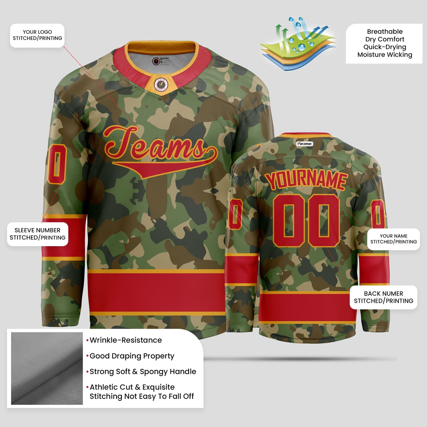 Custom Red and Gold Camo Hockey Jersey - Personalized & Durable