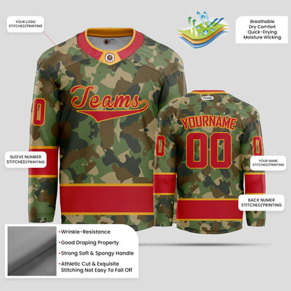 Custom Red and Gold Camo Hockey Jersey - Personalized & Durable