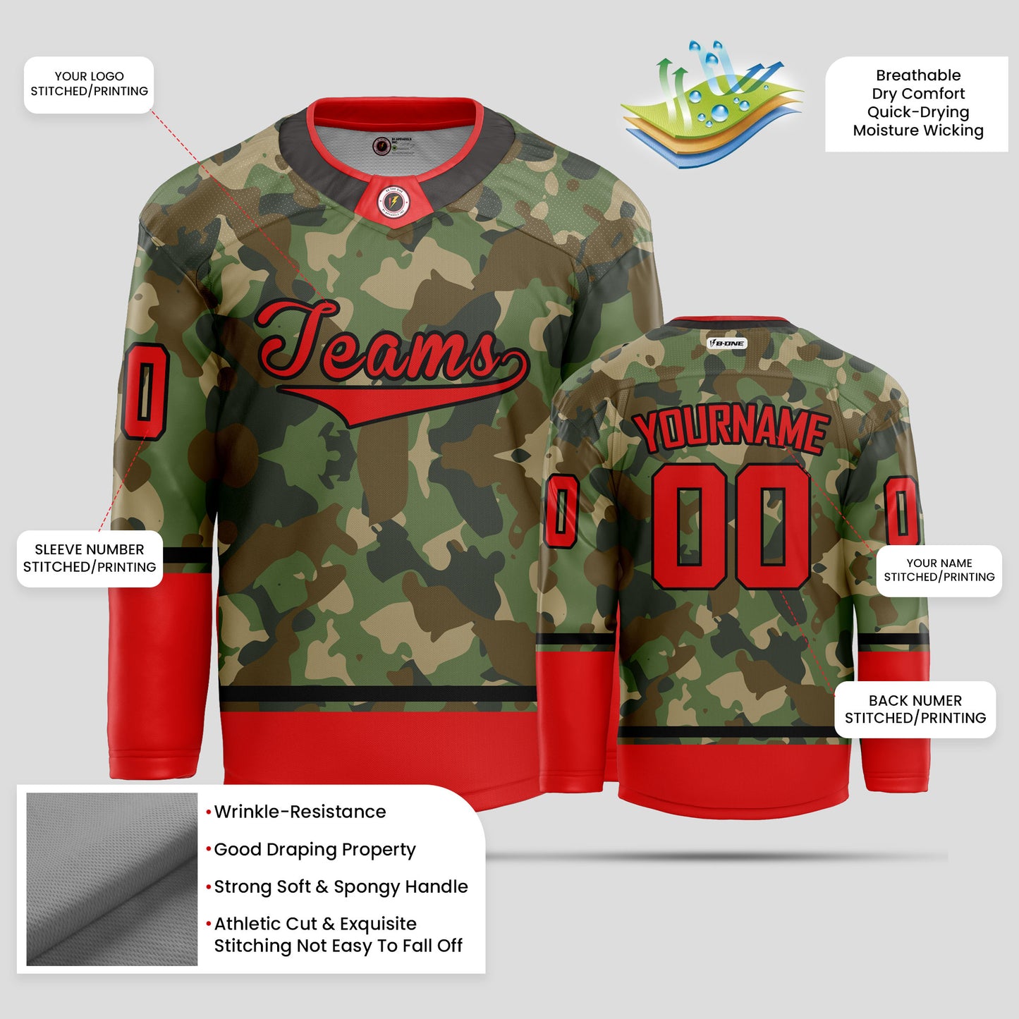 Custom Premium Red and Gray Camo Hockey Jersey - Personalized & Durable