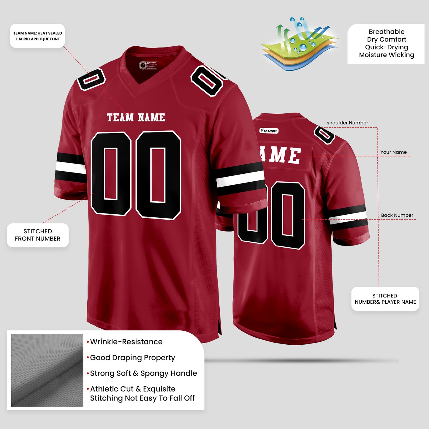 Custom Cardinal Black and White Football Jersey with Personalized Team Name