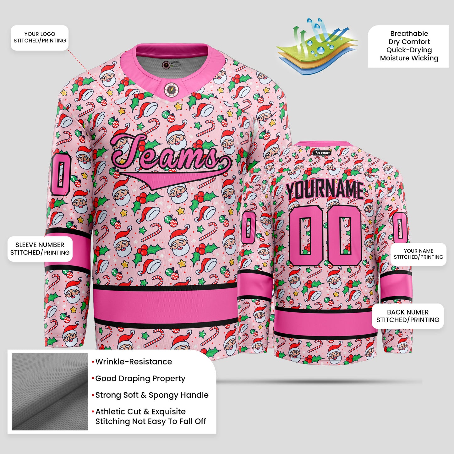 Custom Christmas Pink Ice Hockey Jersey - Premium Quality & Personalized