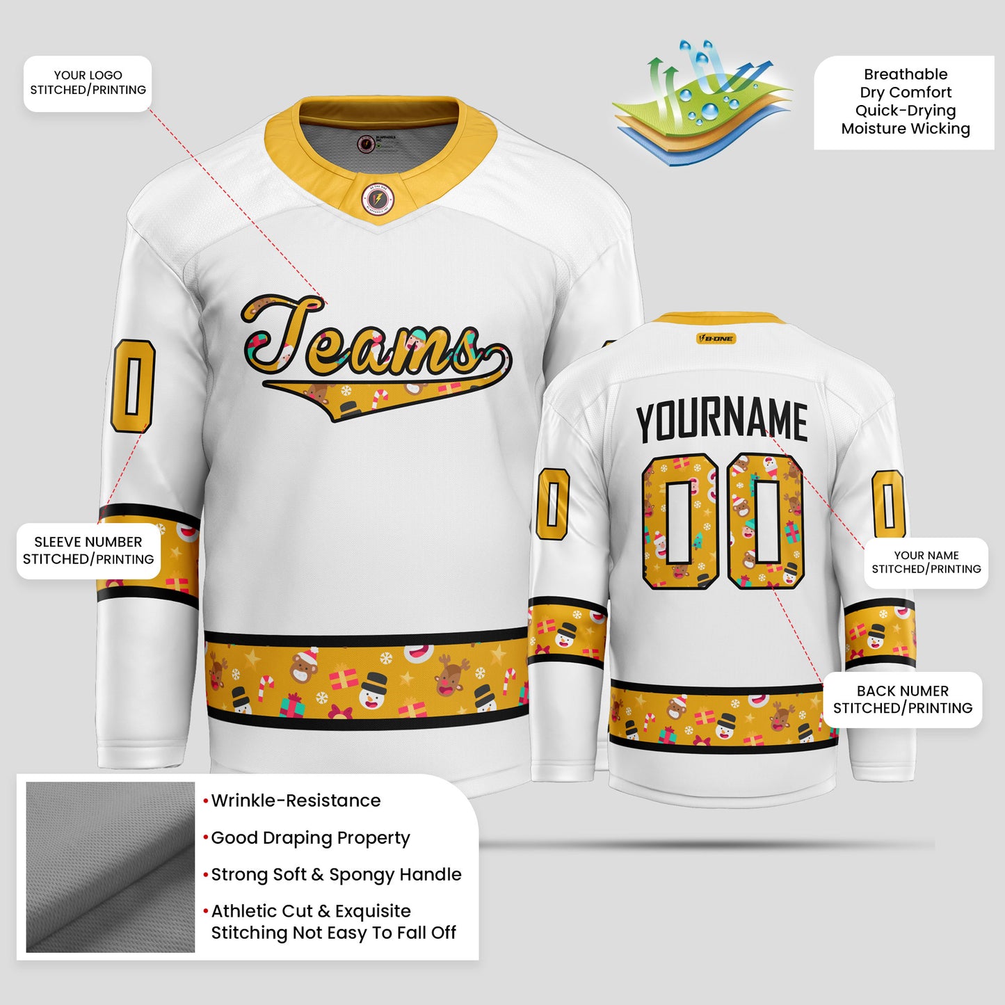 Custom Christmas Yellow and Black Ice Hockey Jersey - Premium Quality & Personalized