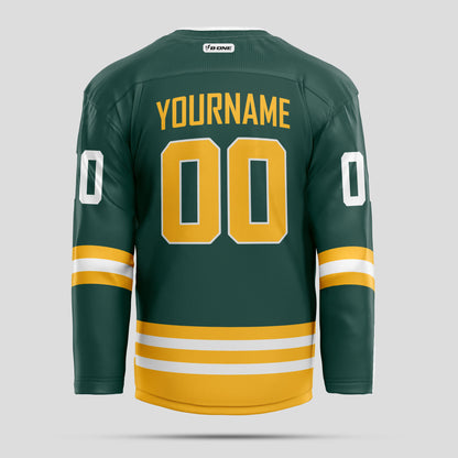 Custom Green, Yellow, & White Hockey Jersey with Club Name Personalization