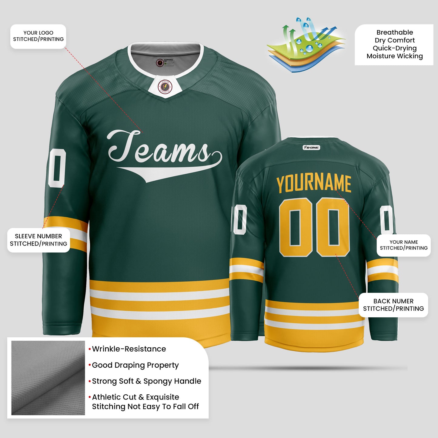 Custom Green, Yellow, & White Hockey Jersey with Club Name Personalization