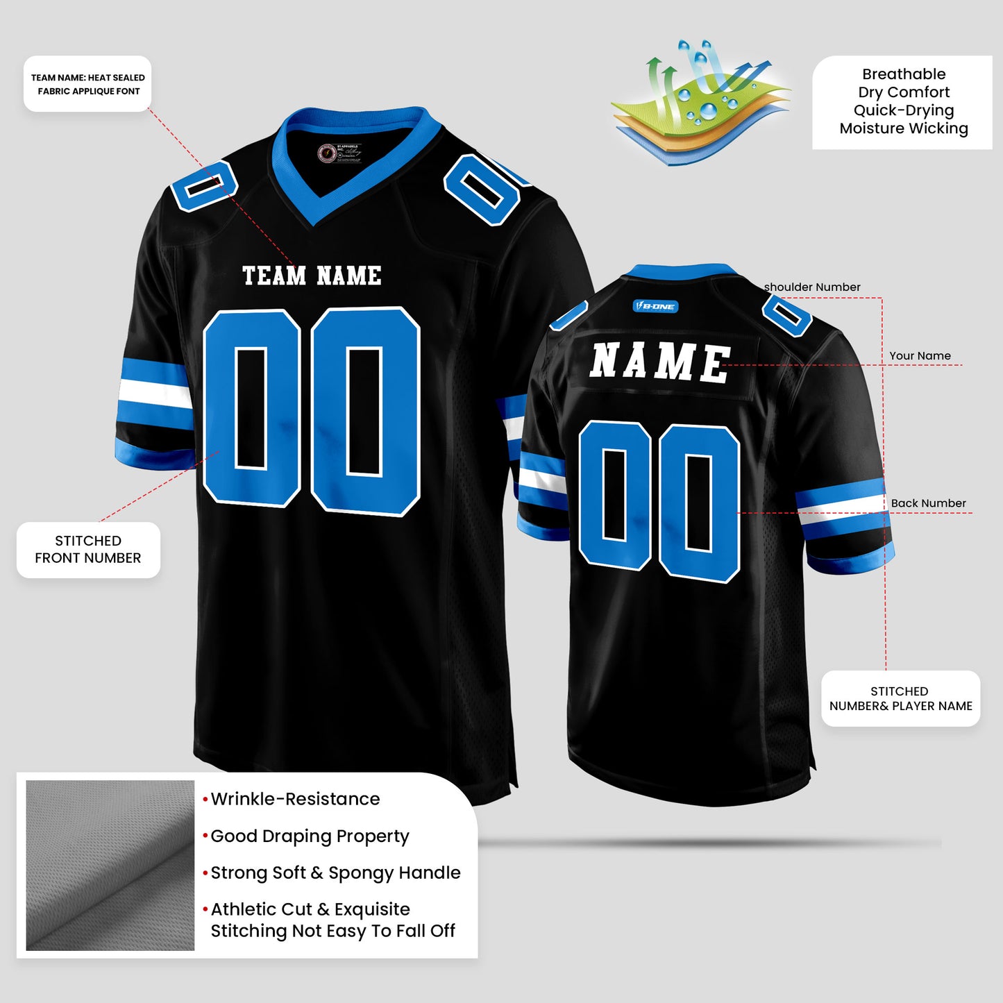 Custom Club Team Black and Blue Premium Quality Football Jersey - Elite Performance Gear