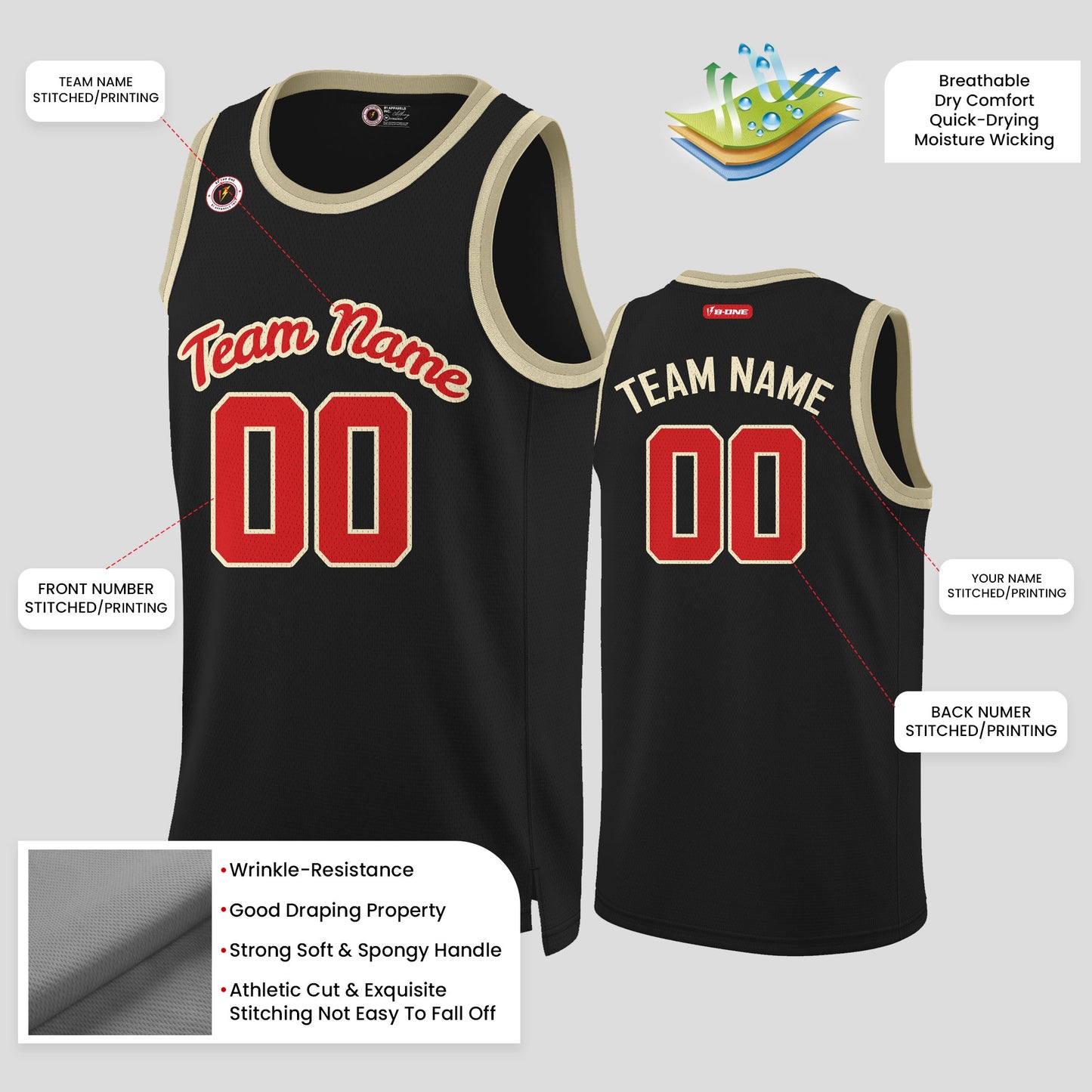 Custom Black and Red Rib Knit Round Neck Basketball Jersey for Club Teams