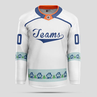 Custom Club Team Christmas White and Navy Blue Pattern Hockey Jersey - Premium Quality & Personalized