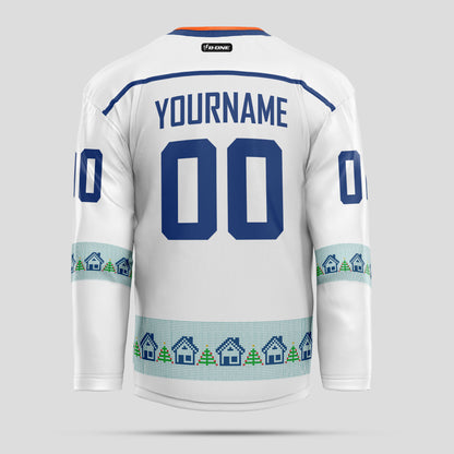 Custom Club Team Christmas White and Navy Blue Pattern Hockey Jersey - Premium Quality & Personalized