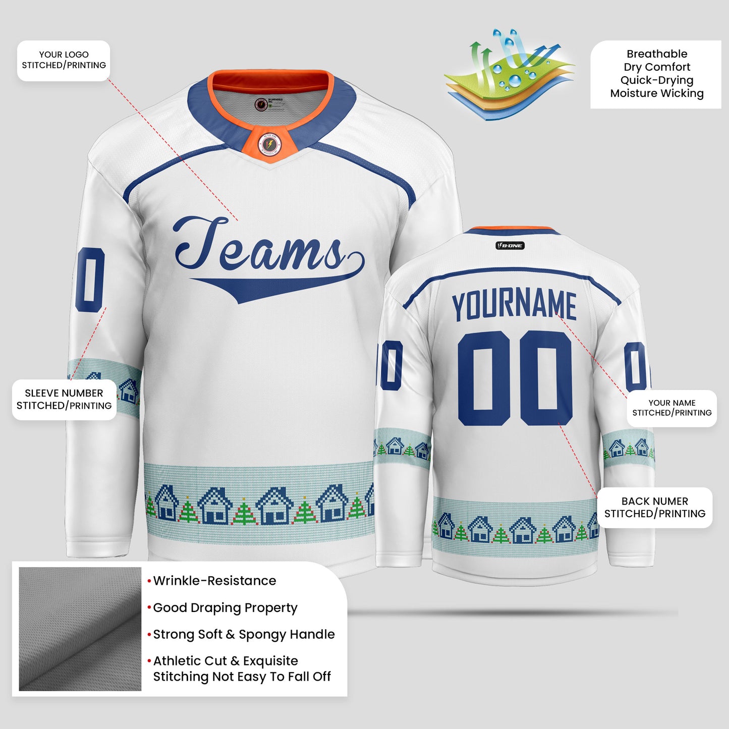 Custom Club Team Christmas White and Navy Blue Pattern Hockey Jersey - Premium Quality & Personalized