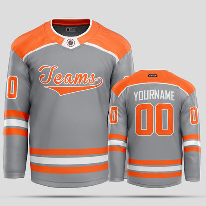 Custom Club Team Gray, Orange, and White Hockey Jersey – Personalized & Stylish