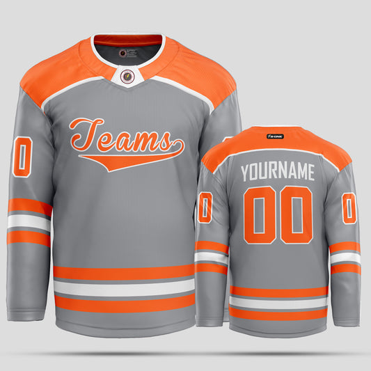 Custom Club Team Gray, Orange, and White Hockey Jersey – Personalized & Stylish