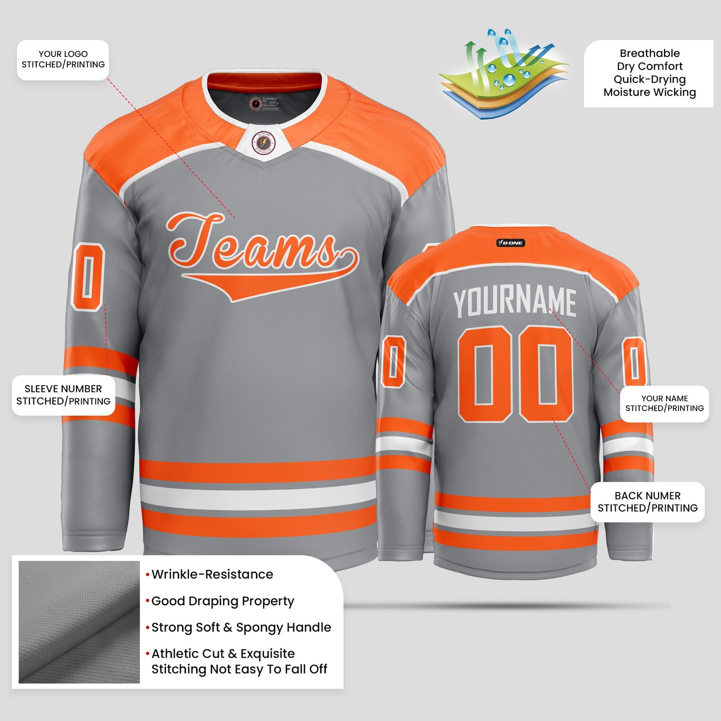 Custom Club Team Gray, Orange, and White Hockey Jersey – Personalized & Stylish