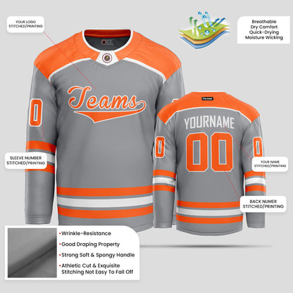 Custom Club Team Gray, Orange, and White Hockey Jersey – Personalized & Stylish