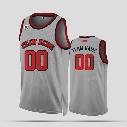 Custom Club Team Gray and Red Round Neck Rib Knit Basketball Jersey