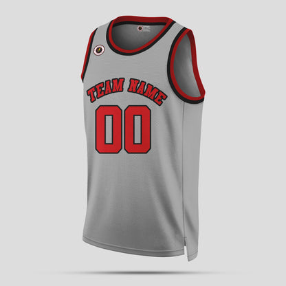 Custom Club Team Gray and Red Round Neck Rib Knit Basketball Jersey