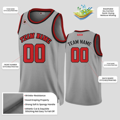 Custom Club Team Gray and Red Round Neck Rib Knit Basketball Jersey