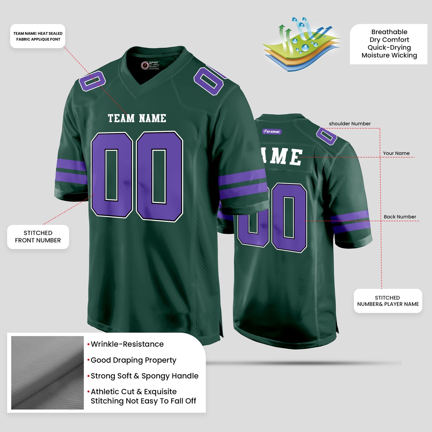 Custom Club Team Green and Purple Football Jersey with Personalized Design