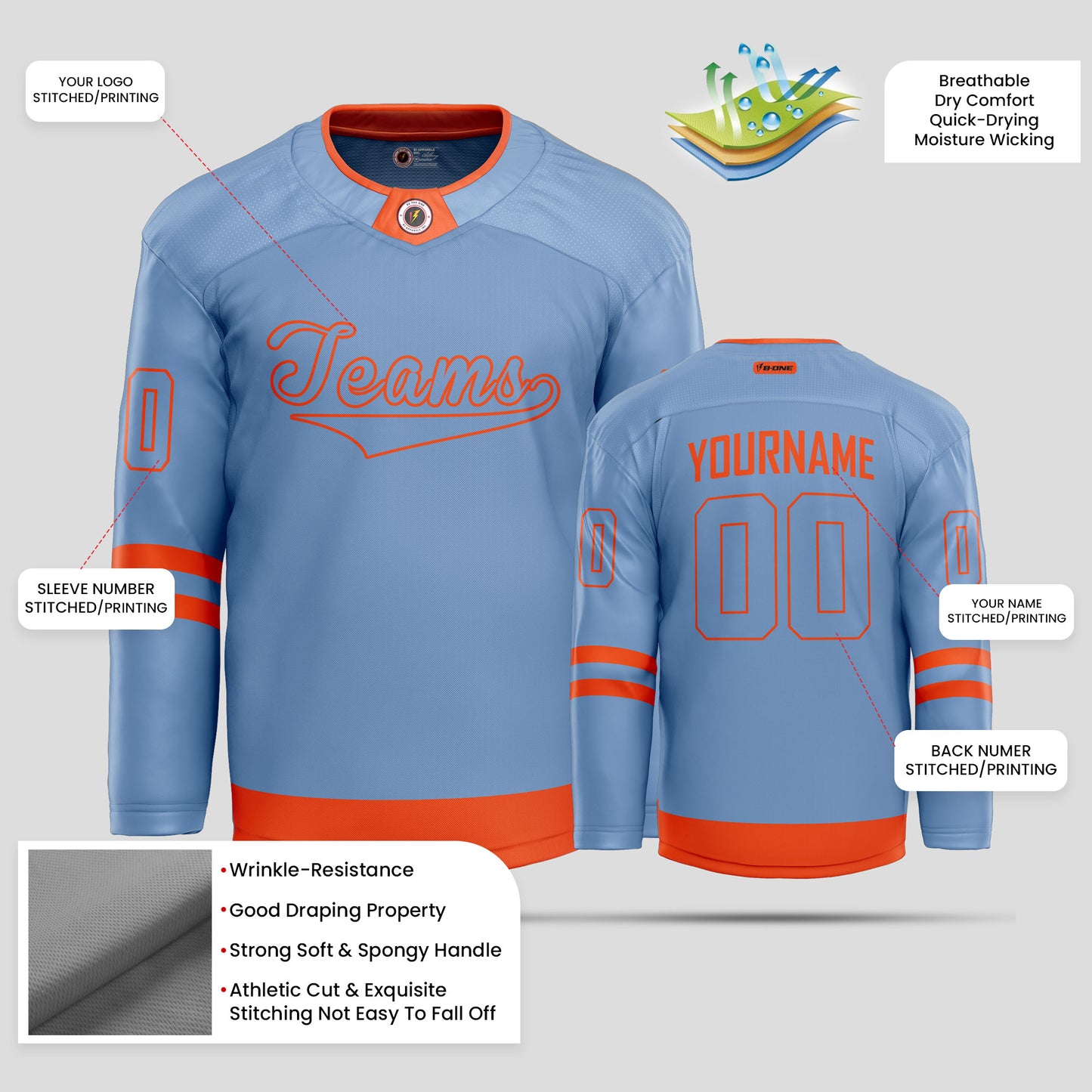 Custom Club Team Light Blue and Orange Quality Hockey Jersey – Premium Personalized Gear