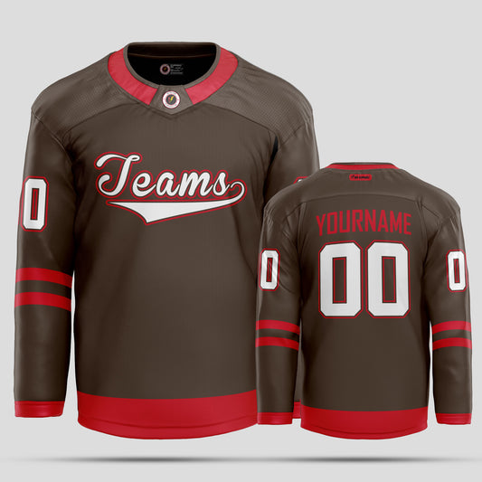 Custom Club Team Name Brown and Red Authentic Hockey Jersey