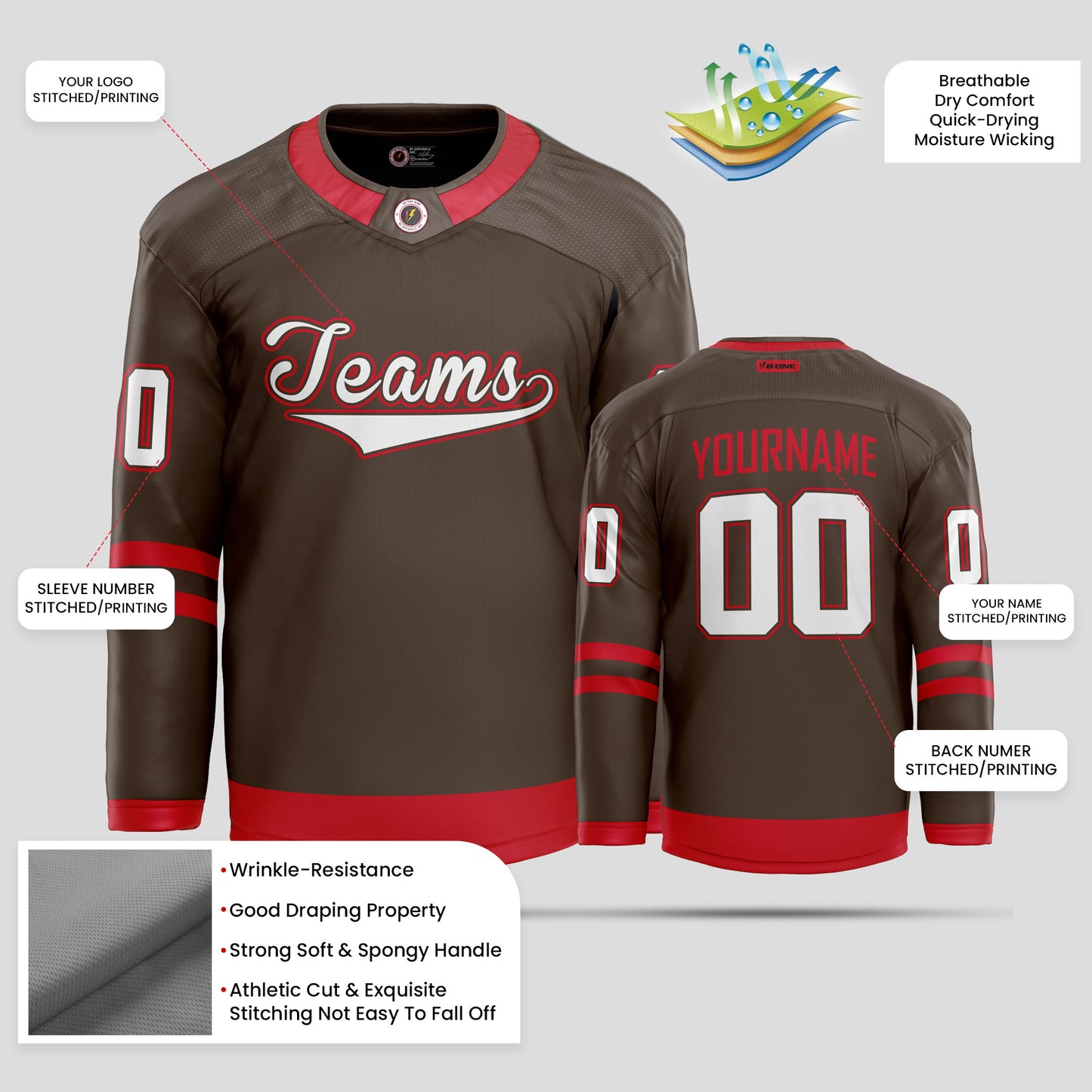 Custom Club Team Name Brown and Red Authentic Hockey Jersey