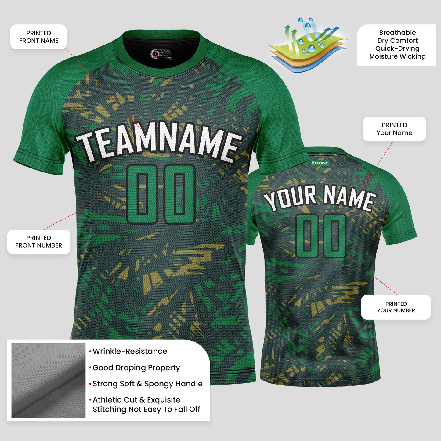 Custom Club Team Name Soccer Jerseys – Green & White Pattern Personalized Uniforms