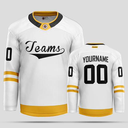 Custom Club Team White, Black, and Gold Hockey Jersey - Premium Quality & Personalized