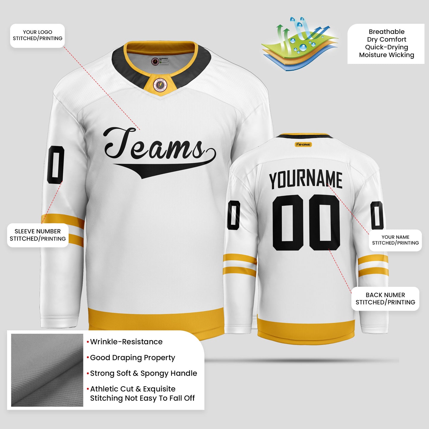 Custom Club Team White, Black, and Gold Hockey Jersey - Premium Quality & Personalized