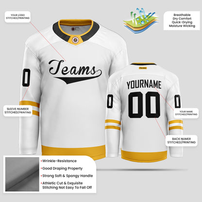 Custom Club Team White, Black, and Gold Hockey Jersey - Premium Quality & Personalized