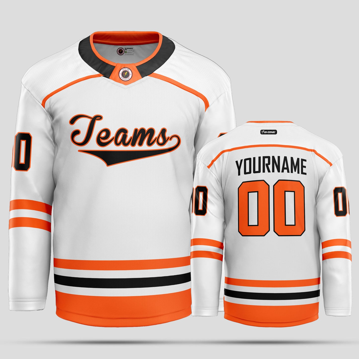 Custom Club Team White, Black, and Orange Hockey Jersey - Premium Quality & Personalized