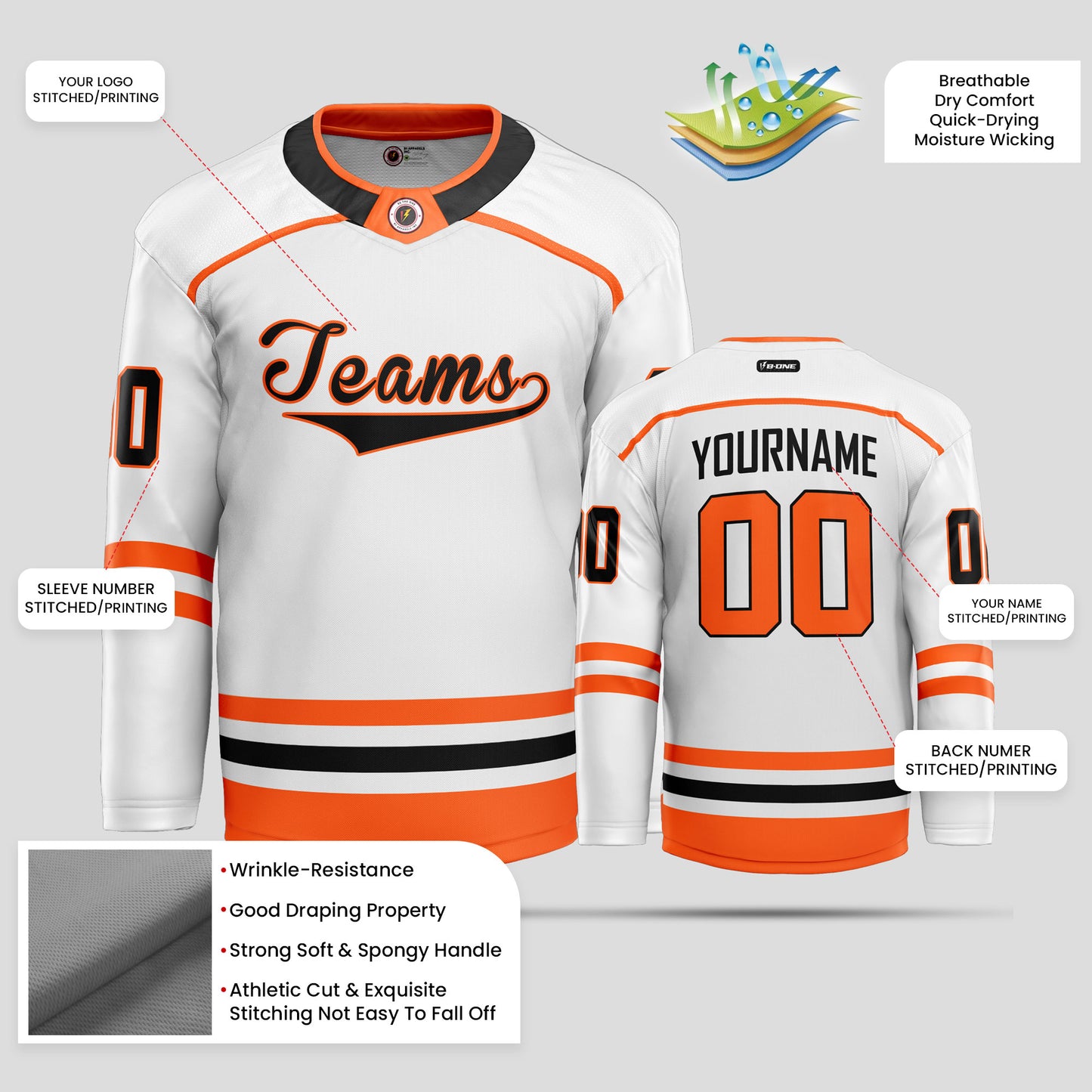 Custom Club Team White, Black, and Orange Hockey Jersey - Premium Quality & Personalized