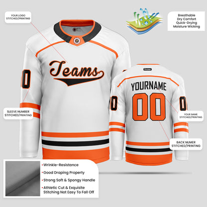 Custom Club Team White, Black, and Orange Hockey Jersey - Premium Quality & Personalized