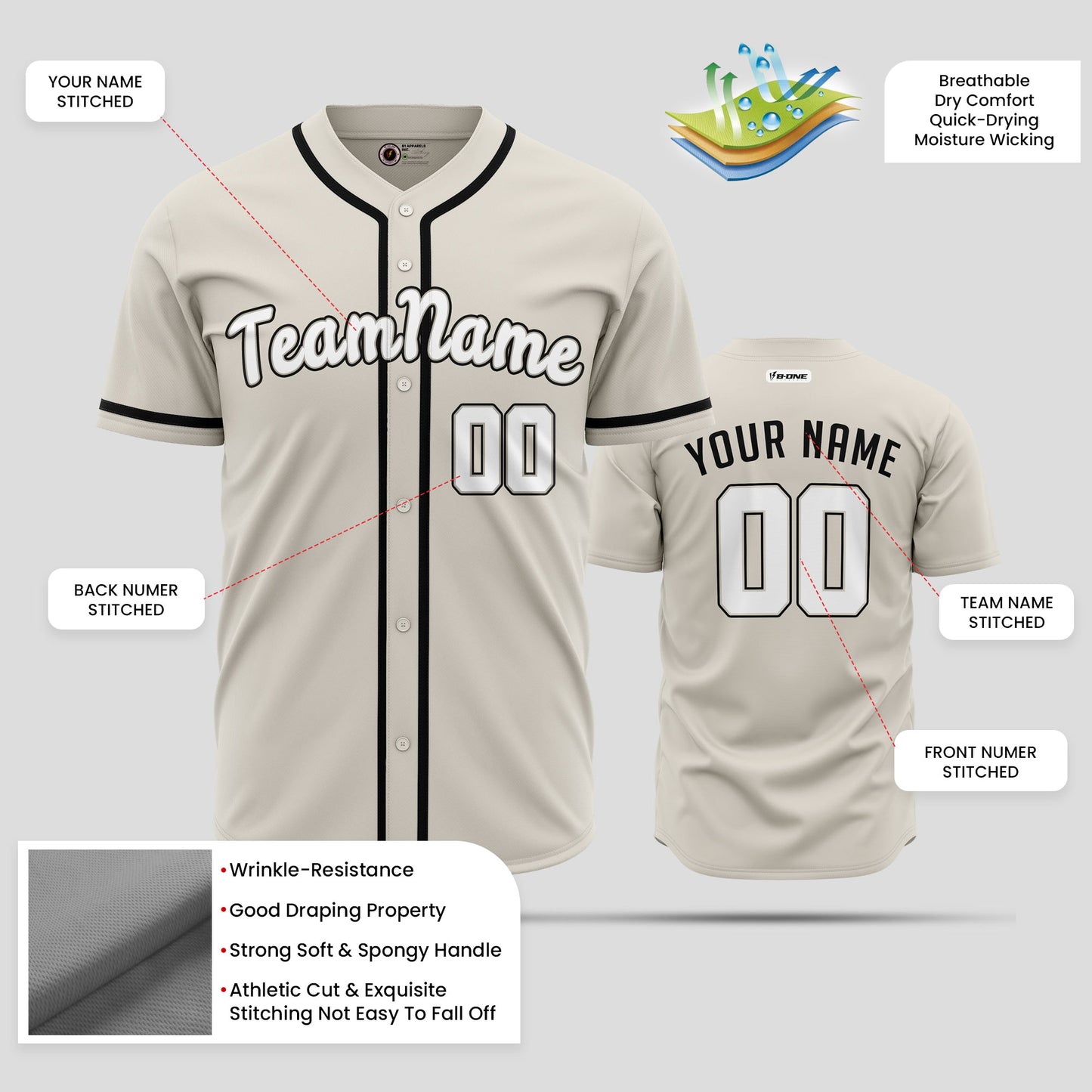 Custom Cream Black and White Baseball Jersey - Premium Teamwear