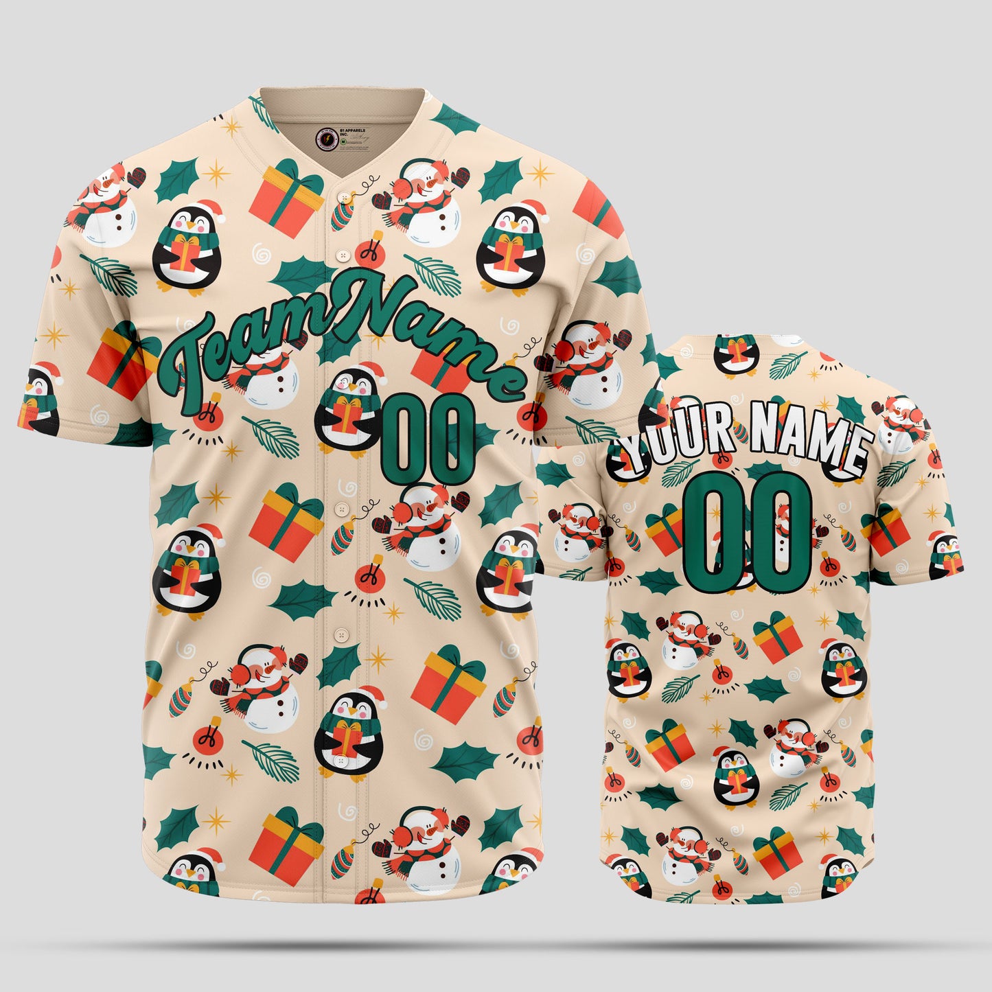 Custom Cream & Green 3D Christmas Baseball Jersey