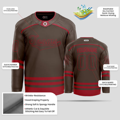 Custom Dark Brown and Red Authentic Hockey Jersey