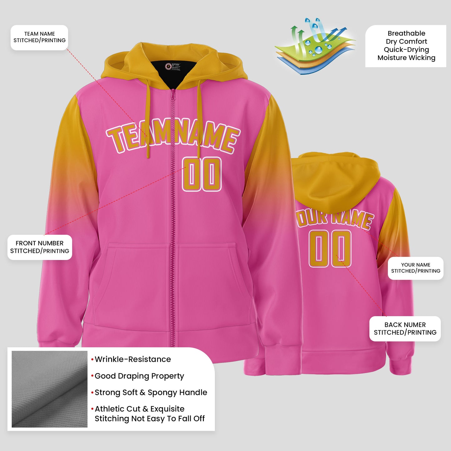 Custom Design Men's Quality Pink and Yellow Pullover Sweatshirt Hoodie