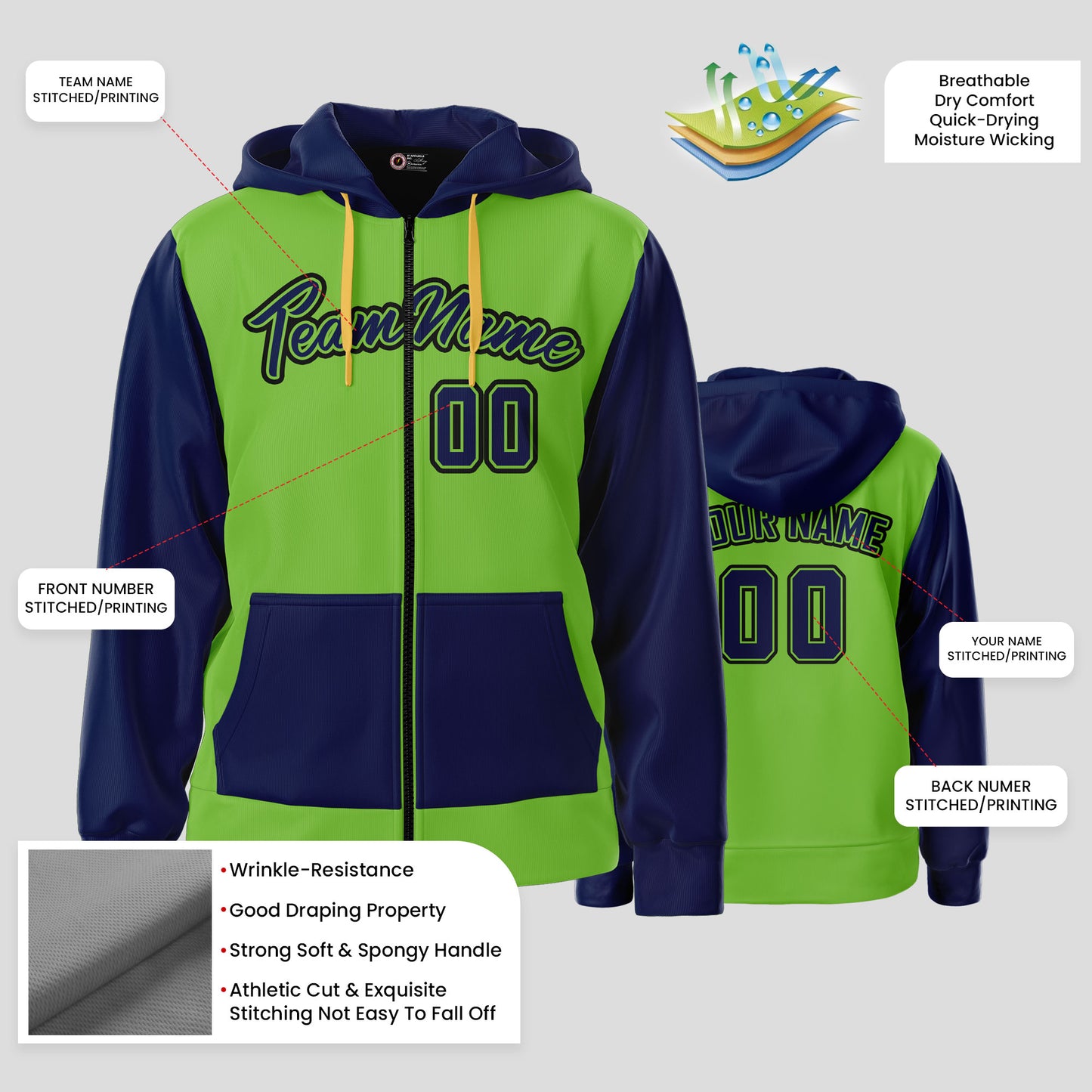 Custom Design Neon Green and Blue Pullover Hoodie Sweatshirt