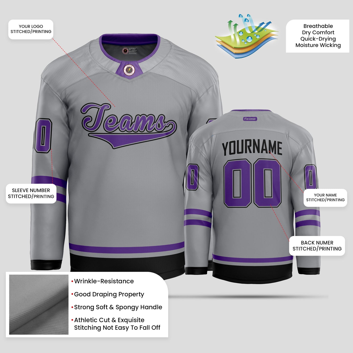 Custom Fashion Gray, Black, and Purple Hockey Jersey – Trendy & Personalized