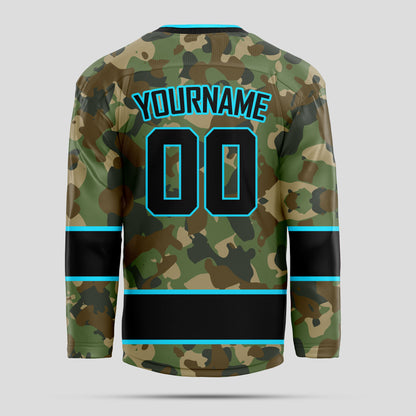 Custom Fine Quality Black and Sky Blue Camo Hockey Jersey - Personalized & Stylish